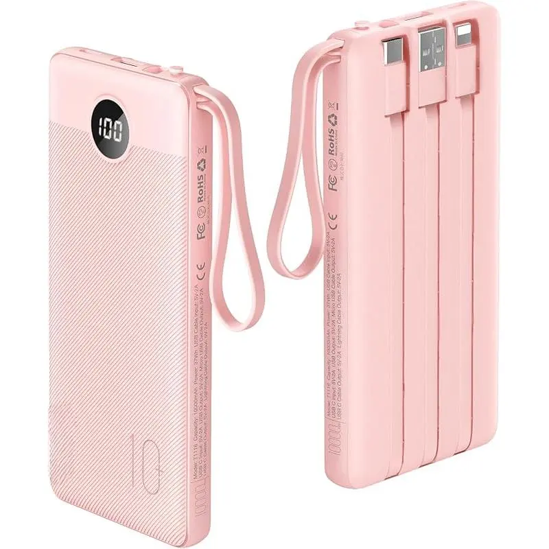 10000mAh Portable Charger Power Bank (1 Pack, Pink) - Slim Mobile Accessories with 5 Outputs, 2 Inputs, Built-in USB/Micro Cables for iPhone, Samsung, Android Devices & Travel Use