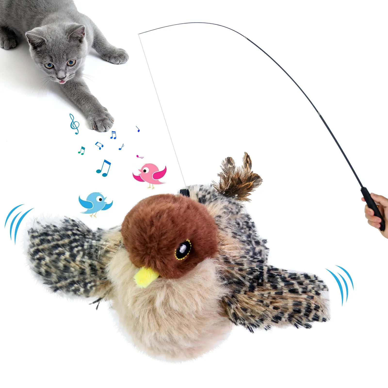 Cat Toys Flapping Bird With a retractable pole (Cannot Fly) , Lifelike Chirping Cat Kicker, Rechargeable Touch Activated Interactive Kitten Toy,#SummerWins #DealsForYouDays