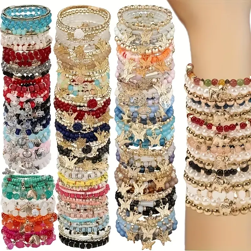 22/32/46/68Pcs Handmade Bohemian Multilayer Beaded Stretch Bracelets for Women & - Stackable Layered Resin Beads with Multicolor Boho Beads Collection, Stretch Fit for All Wrist Sizes, Festival & Daily Wear Jewelry