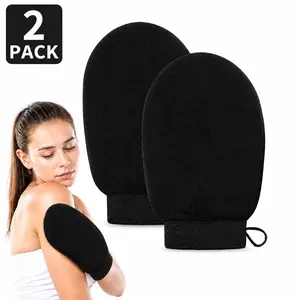 2PCS Korean Exfoliating Mitts for Body Scrubbing - Soft Viscose Fiber Exfoliating Gloves for Men & Women - Black Self Tanning Mitts for Home Spa Experience - Bath