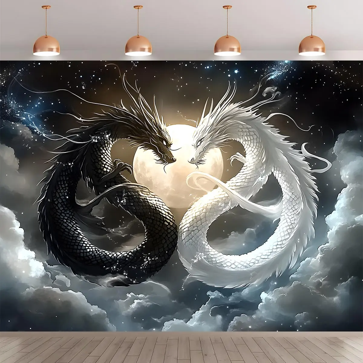 Chinese Dragon Motif Polyester Reusable Tapestry Banner - Hangable Asian Style Statement Wall Mural, Home Decor Party Decor for Indoor-Outdoor Backgrounds, Home Supplies, Synthetic
