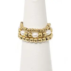 Pearl and Gold Triple Ring Stack