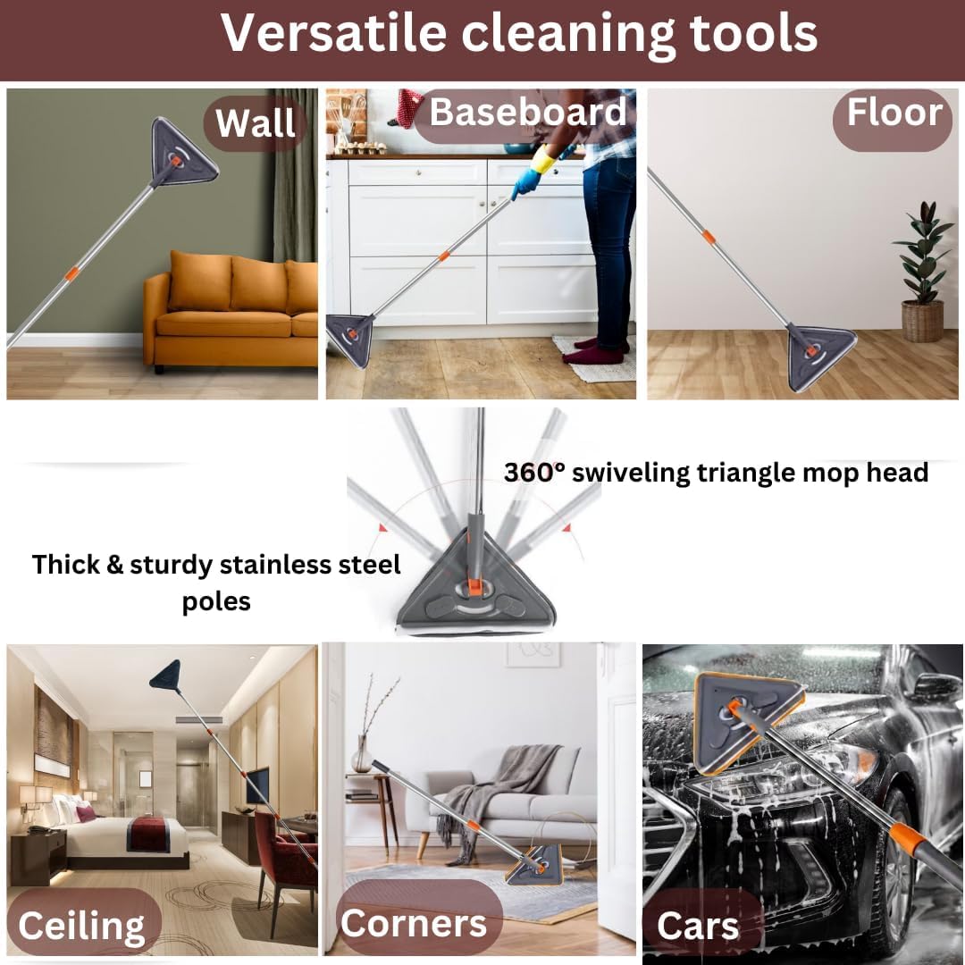 Multi-function mop, long-handle wall cleaner, adjustable-length wall mop, 360° rotating head, floor and wall cleaning tool, suitable for walls, tiles, floors, baseboards, dust, kitchen, general purposes, includes 6 replacement pads and 1 silicone squeegee