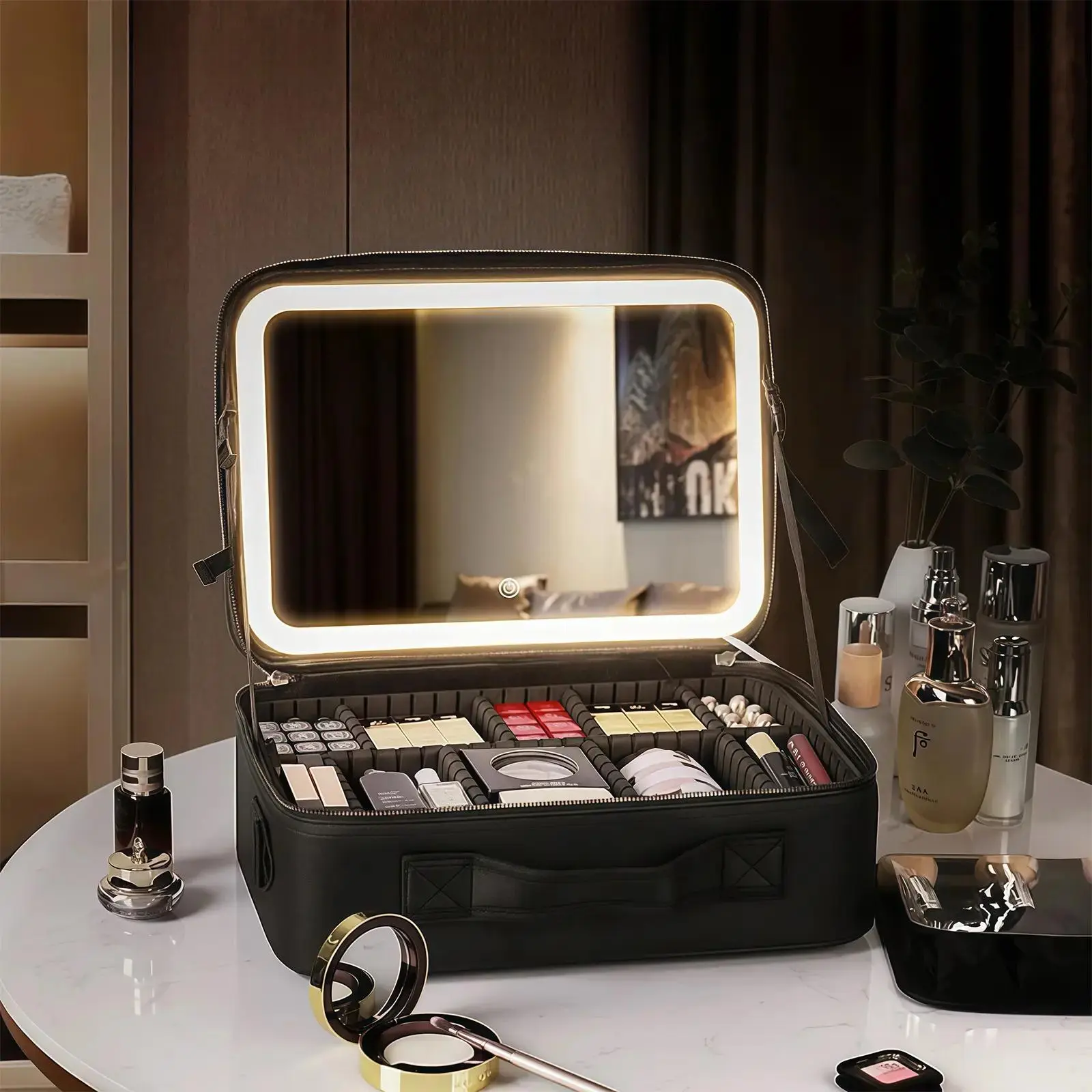 Travel Makeup Bag with LED mirror Cosmetic Bag Adjustable Dividers, Makeup Organizer Bag with Lighted Mirror 3 Color Scenarios Adjustable Brightness,Waterproof, Professional Cosmetic Artist Organizer.Perfect Christmas Gift For Friend & Family.,