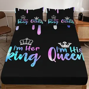 3PCS Crown Letter Bed Sheet Set (1 Bed Sheet + 2 Pillowcases Without Pillow Core), Home Dormitory High-Definition Print
