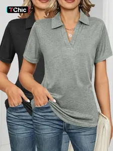 Women's Solid Color Basic Polo Shirt, Casual Short Sleeve Collared Top for Daily Wear, Ladies Clothes for All Seasons, Cute Breathable Tops