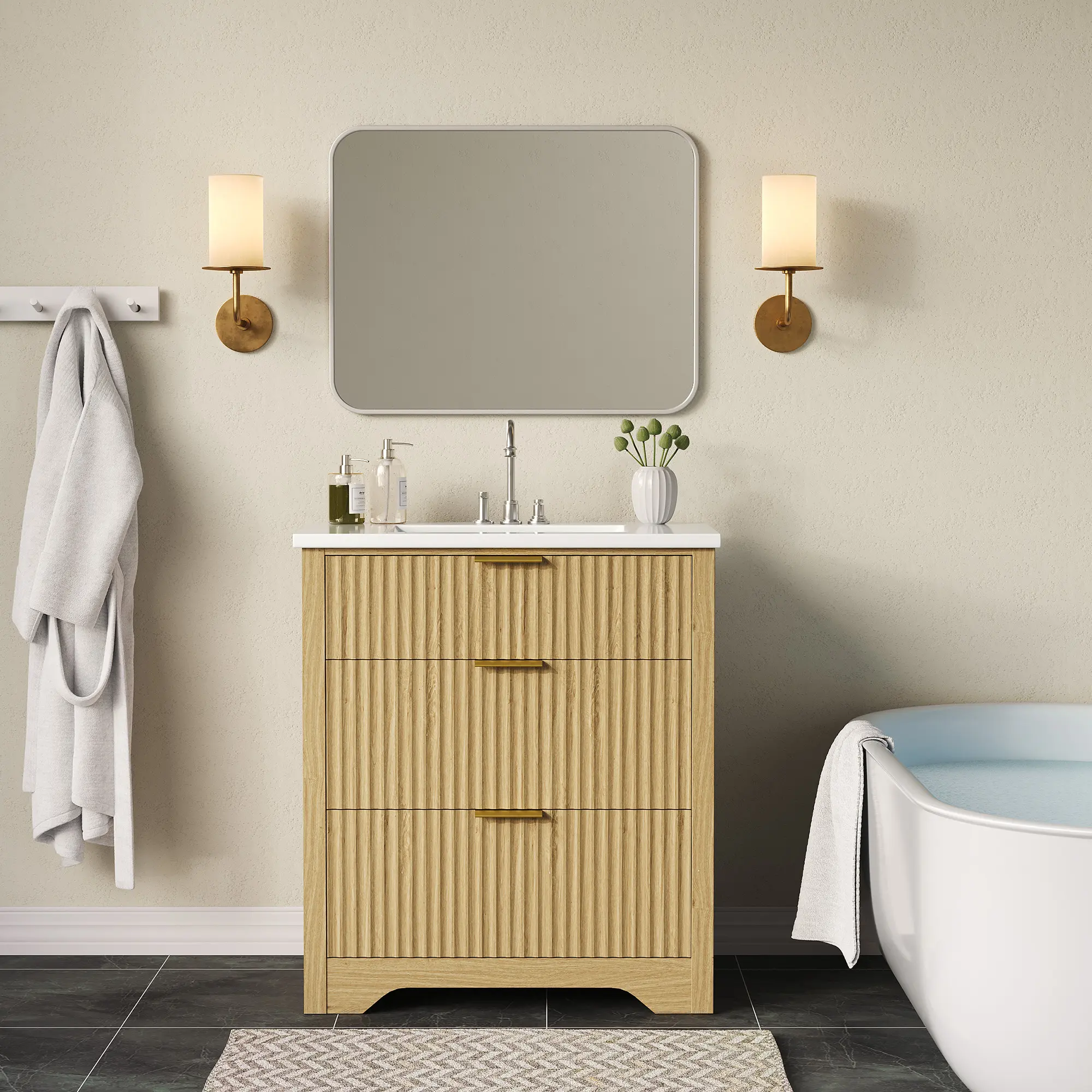 36 In Freestanding Modern Farmhouse Bathroom Vanity (Single Unit, 18.3"d x 36"w x 34"h, 106.9 lbs) with Ceramic Sink, 2 Drawers, Flip-Down Drawer Storage, Pre-Drilled Drain, Easy Assembly