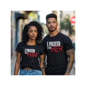 His and Her Christmas Matching T-shirt-"I Pray for Him" and "I Pray for Her" Print, Casual Black Cotton T-shirt, Red and White Text, round Neck, Short Sleeve, perfect for Couples Holiday Outing