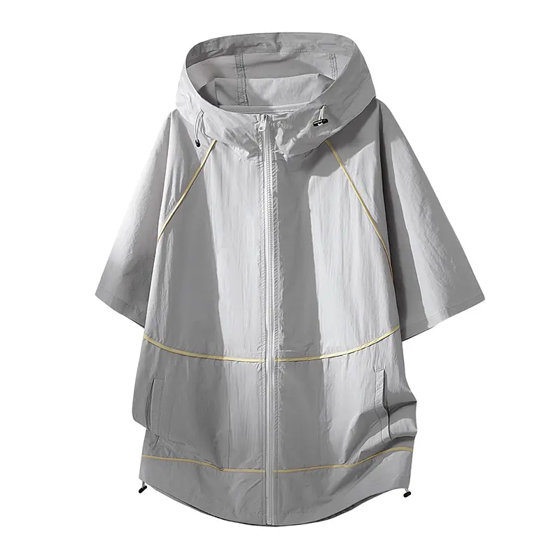 Men's Minimalist Windbreaker Jacket, Stylish Patchwork Short Sleeve Hooded Outerwear with Sun Protection for Summer, Menswear, Shortsleeve, Casual, Foldable, Chic, Polyester, Solid, Ice-Cool Feel, Loose-Fitting, Machine Washable, Tops, Solid Colors