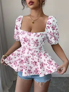 Vintage Floral Square Neck Waist Cinched Ruffle Top, Elegant Bubble Sleeve Ruffled Shirt, Women's Fashionable Blouse, Stylish Upper Garment