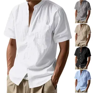 Men's Lightweight Breathable Stand Collar Button Down Shirt Roll-Up Sleeve Casual Beach Top for Spring & Summer Menswear