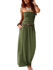 2025 Women Summer Casual Dresses Strapless Tube Top Long Skirt Elegant Vacation Dress with Pocket