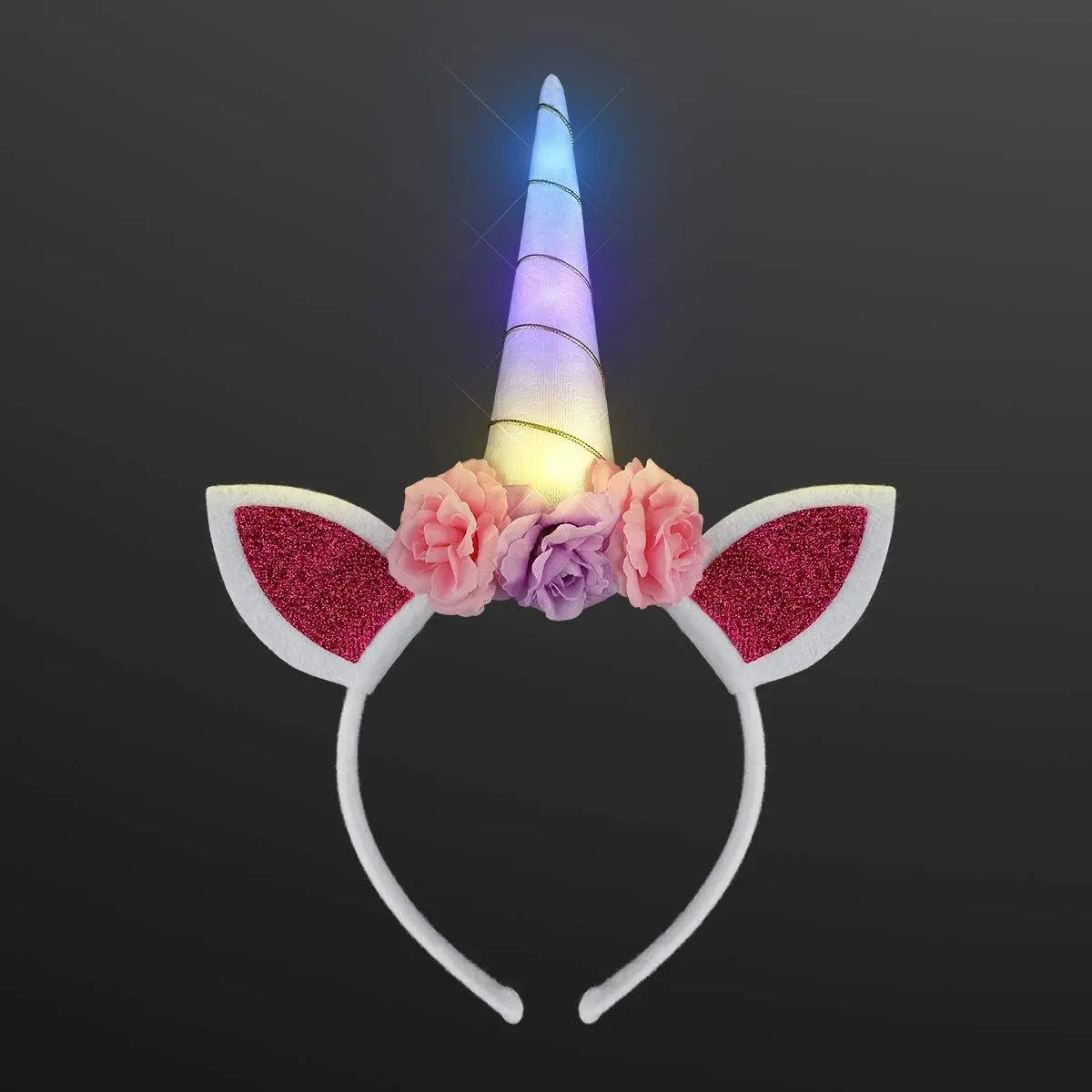 FlashingBlinkyLights Light Up Unicorn Headband with Ears, Flowers & Magical Color Changing LED Horn