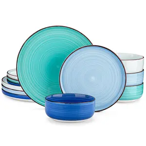 vancasso Bonita Blue/Multicolor Dinnerware Sets, Plates and Bowls Set for 4, 12 Pieces Stoneware Dinnerware Set, Dishwasher and Microwave Safe Tableware