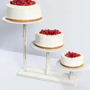 3-Tier Whitewash Wooden Cake Stand with Round Beaded Rim Trays, Rustic 24"x16" Cupcake Tower Dessert Display for Home, Festive & Party Supplies
