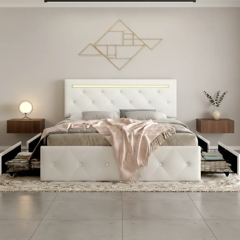 Queen/Full Size PU Leather Bed Frame - Sturdy Metal Frame, LED Light, Storage Drawers, Adjustable Height Headboard, Handmade Diamond Quilting, Crystal Buttons, Charging Port, No Box Spring Needed