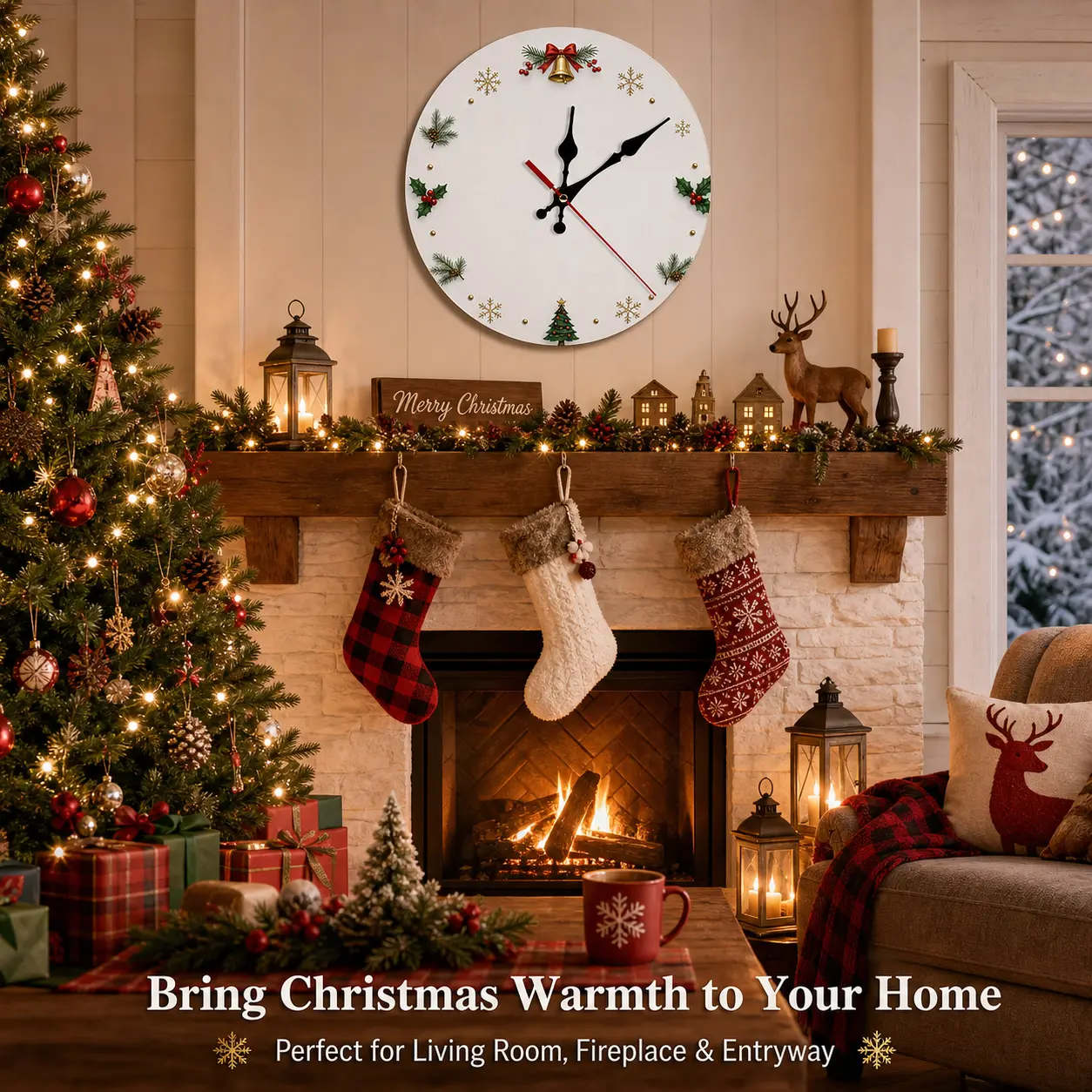 Christmas Wall Clock, Silent Non-Ticking Decorative Round Wall Clock with Christmas Tree, Holly, Pinecone and Snowflake Design for Home Holiday Decor
