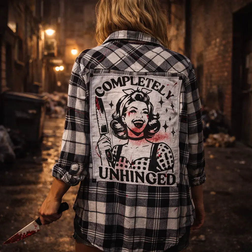 Broken Bandit “Completely Unhinged” Rhinestone Horror Flannel – Red Paint Splatter Upcycled Unisex Medium