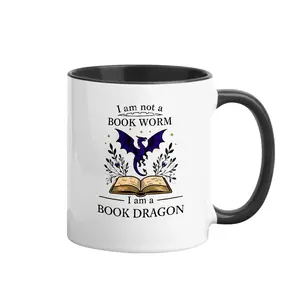 Fantasy Reader "Book Dragon" Coffee Mug, 11oz Black & White Two-Tone Ceramic Tea Cup, Floral Dragon & Open Book Design, Perfect Gift for Avid Readers & Book Obsessed Friends