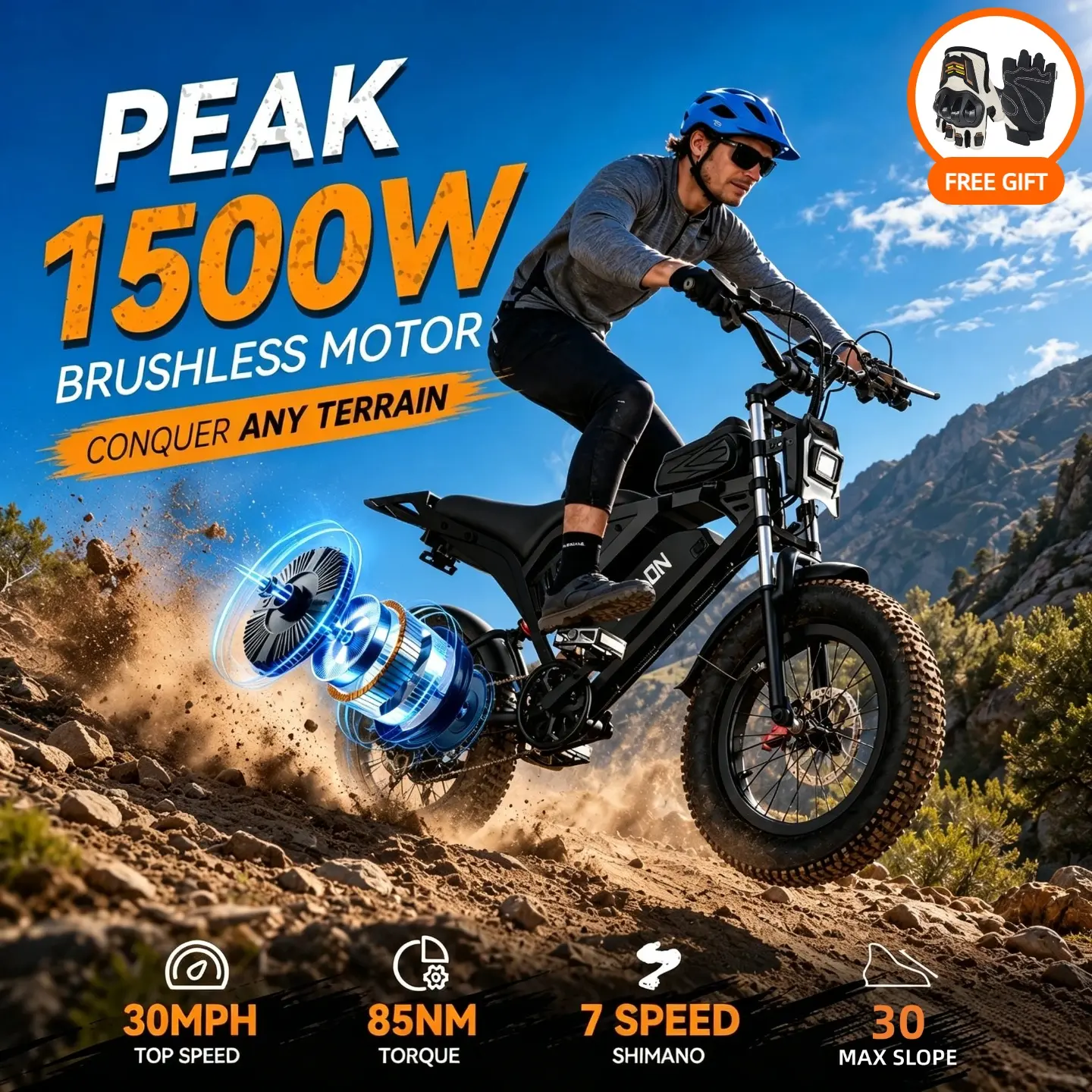 YOULON Adult Electric Bike, 1500W Peak Brushless Motor, 30MPH Max Speed, 48V 23Ah Long-Range Battery, 20" Fat Tire Off-Road E-Bike, 30° Climbing Capability, 7-Speed, Shock Absorption, USB Port, 300 – 349 Lb Load, Mountain Biking/Off-Road Trails Ready