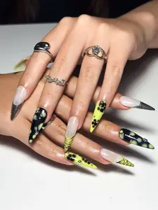 Cyber Y2K Neon Aura Press On Nails Lime Green Black Airbrush Nails Handmade Futuristic Chrome Press On Nails Reusable Stiletto Nail Set