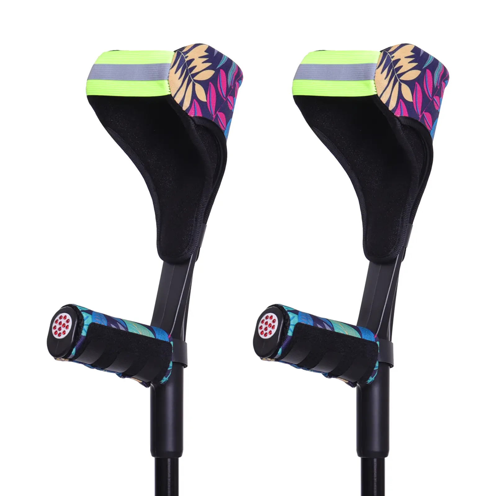 Forearm Crutch Padded Covers 2 Pair, Floral Oxford Soft Cushion Sleeves with Reflective Strip, Breathable Anti-Slip Washable Elbow and Hand Grip Protectors for Daily Walking and Outdoor Use