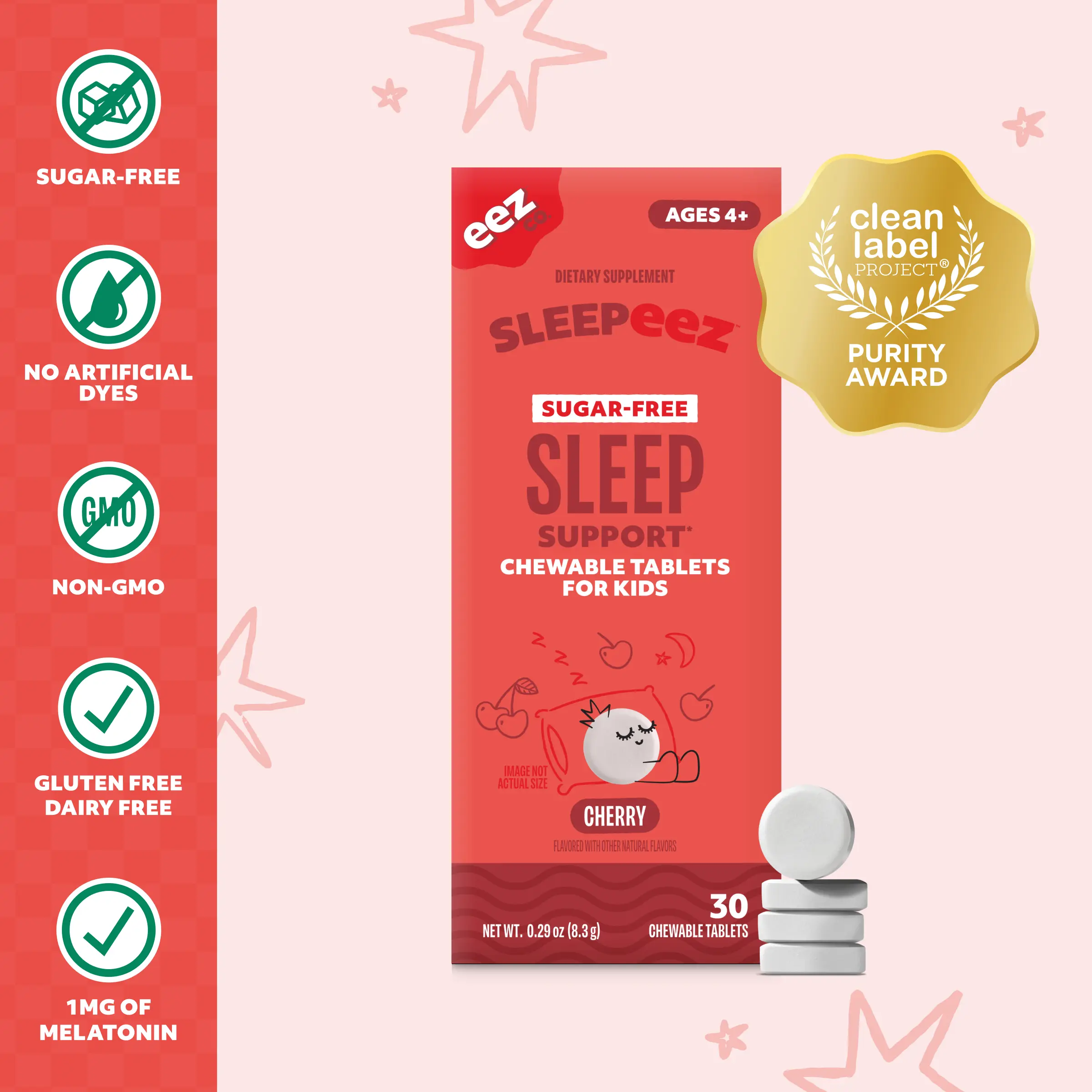 Sleepeez by EEZ Co. Sugar-Free Chewable Sleep Tablets for Kids with Melatonin, Cherry Flavor