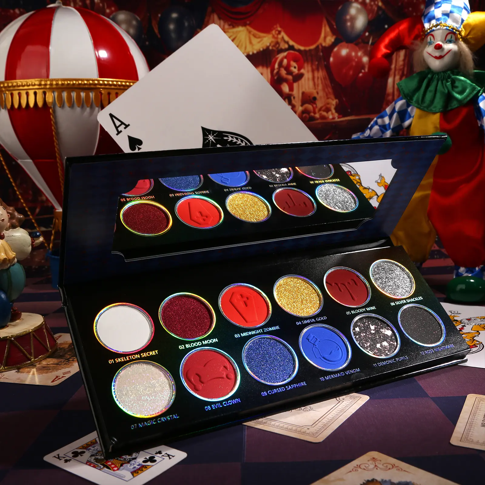 DE’LANCI Circus Nightmare Multichrome Eyeshadow Palette - Goth Joker Clown Smoky Makeup, Highly Pigmented Palette, Red Blue Tones, Sparkly Shimmer Metallic Finish, Sparkly Shimmer Eyeshadow, Cosmetic, Smokey Eye, Glitter Palette, Multicolor Makeup Palette
