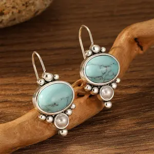 2pcs Bohemian Turquoise Dangle Earrings - Silvery Alloy, Delicate Design, Perfect for Everyday Wear