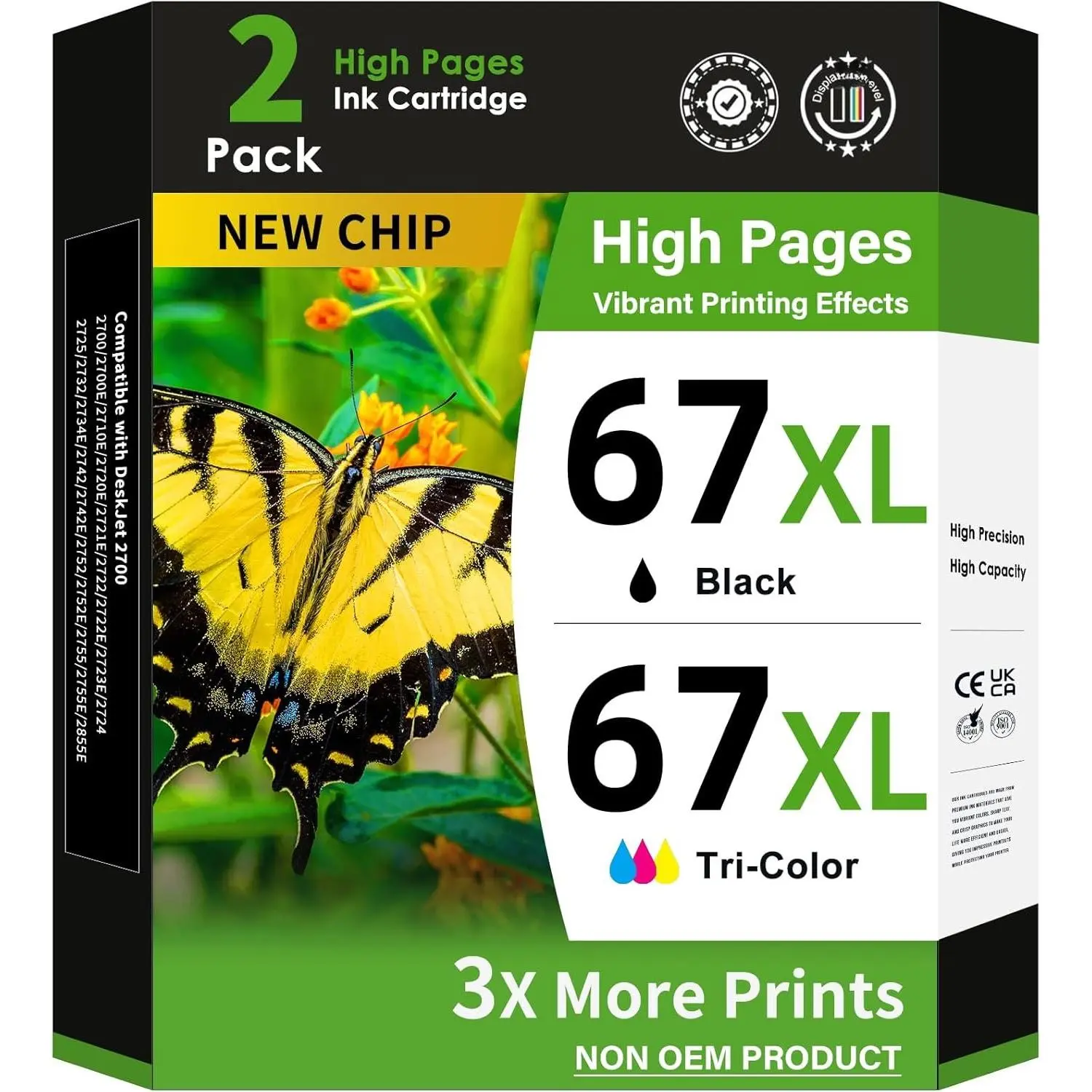 67 Ink Cartridges Black/Color Combo Pack  for  Ink 67  67XL Ink Works for  DeskJet 2855e 2827e 2800e 4255e 2755e 2700 4155e 4227e 2700e 2734e 2852e Envy 6055e 6000 6400 6455e Printer