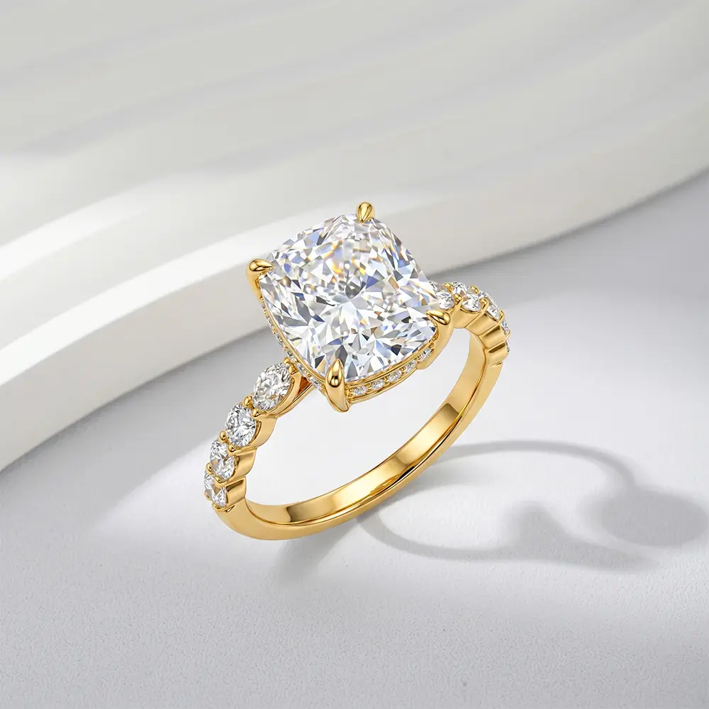 4ct Elongated Cushion Cut Eco Diamond Ring 14K Gold Plated Hidden Halo Engagement Ring for Women Sparkly Luxury Statement Ring
