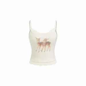 Cider Round Neckline Deer Graphic Lace Trim Cami Top