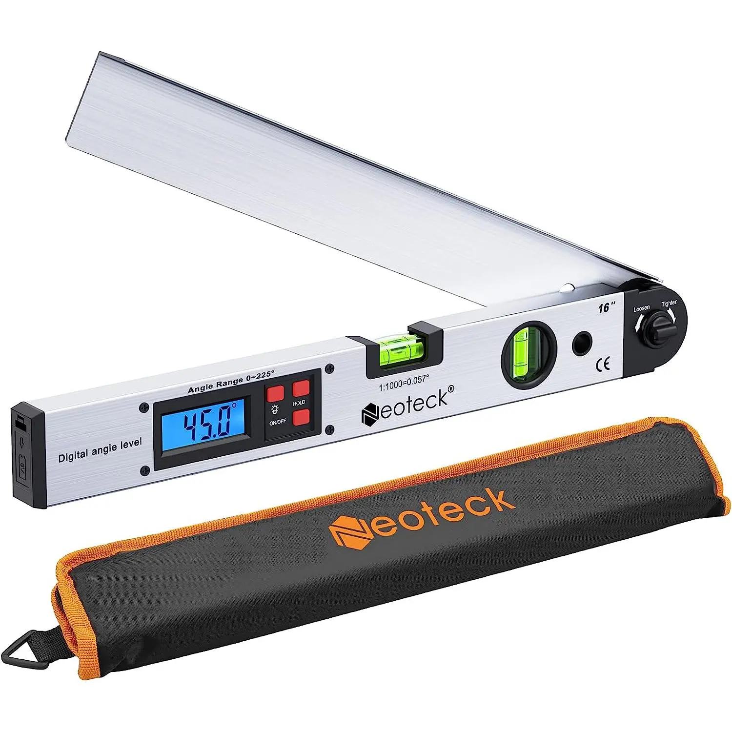 Neoteck Portable Aluminum Digital Angle Finder Protractor Tool with ±0.5° Accuracy, 225° 16in Backlit LCD Display, Horizontal and Vertical Bubble Levels, Angle Checking, Calibrate Function, Data Hold, Modern Appearance - Silver (for Interior Designers)