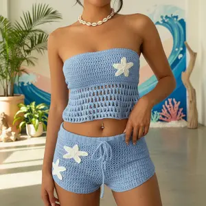 Women 2 Piece Crochet Outfit, Star Hollowed Off Shoulder Sleeveless Crop Tube Tops Elastic Waist Mini Shorts