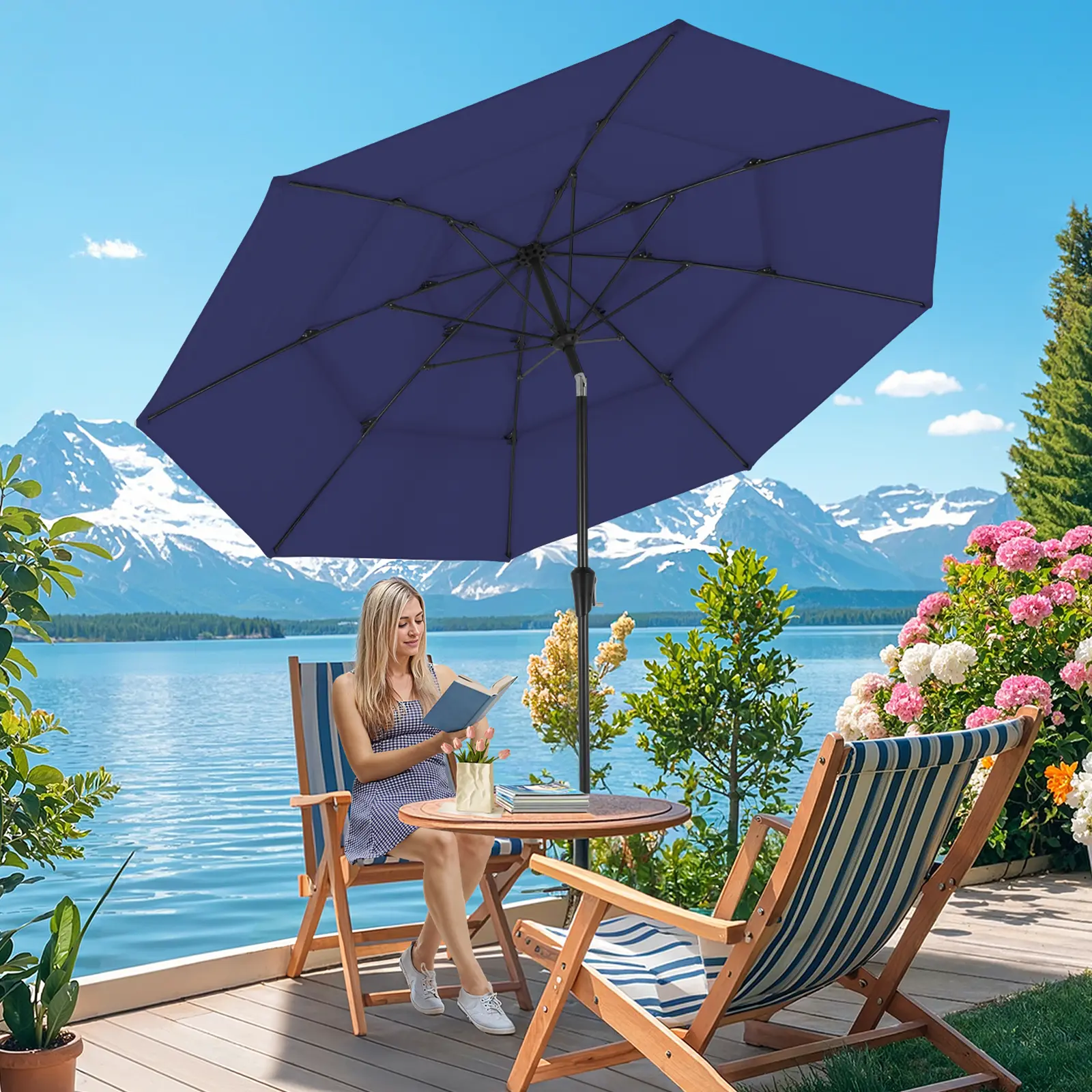 10 FT Patio Umbrella, 3 Tier Outdoor Table Umbrella with 8 Sturdy Glass Fiber Ribs and Push Button Tilt, Outdoor Patio Umbrellas for Market Pool Garden Backyard, 1.5" Pole (No Base, umbrellas for patio