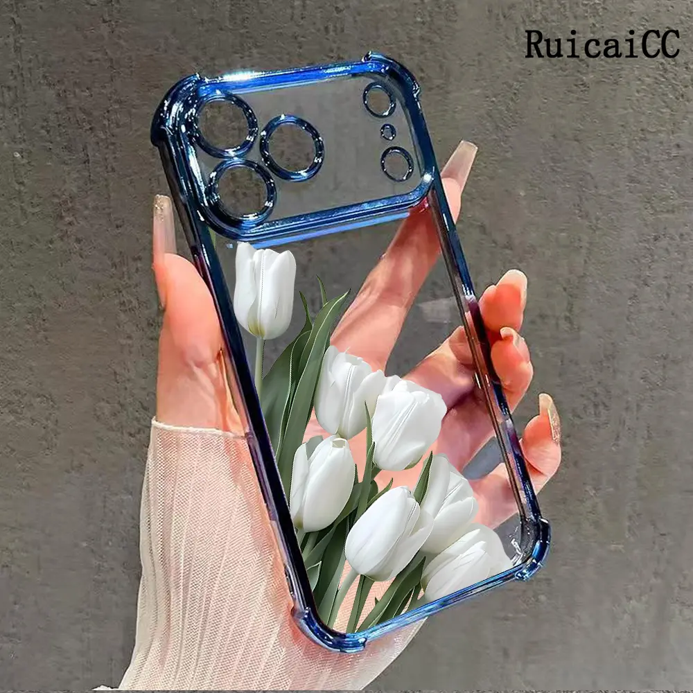 Compatible Phone Case iPhone 17 Pro Max 16 15 Plus Air 14 13 12 11 White Tulips Aesthetic Pattern Transparent Full Coverage Four Corners Anti-drop Casing