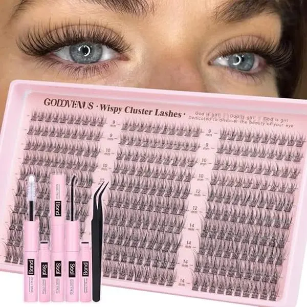Goddvenus Lash Clusters Kit 9-14mm Wispy Eyelash Clusters Lashes Natural DIY Lash Extension Kit Short Cluster Eyelash Extensions Kit 300pcs C Curl Individual Lashes Cluster Eyelash (With Tweezers)