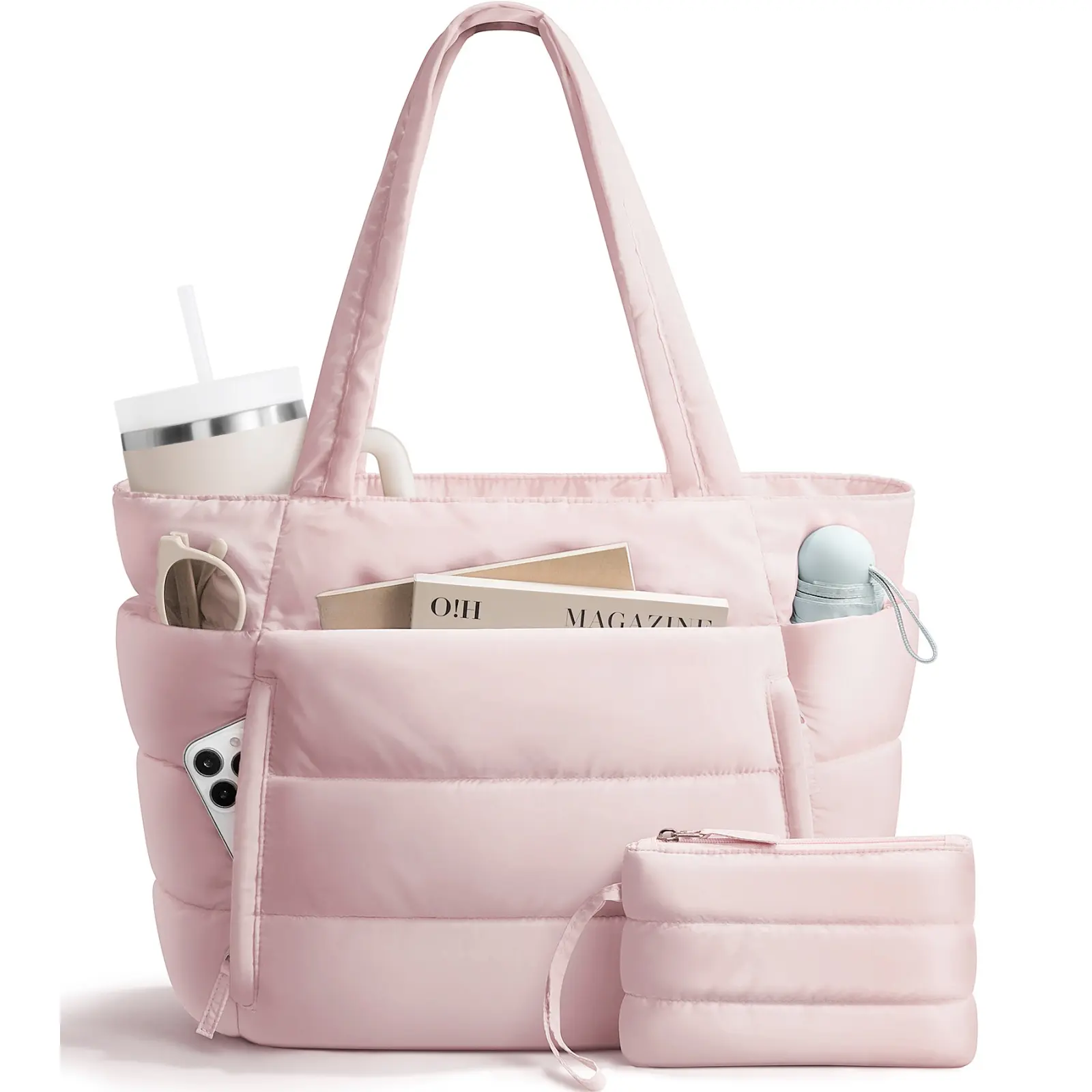 (LIVE ONLY)Bagstellar Puffer Tote Bag for Women with Makeup Bag, Large Work Tote Laptop Bag, Lightweight Travel Tote Bag with Zipper Gifts for Women Teacher Nurse Quilted Shoulder Organiser for School Gym
