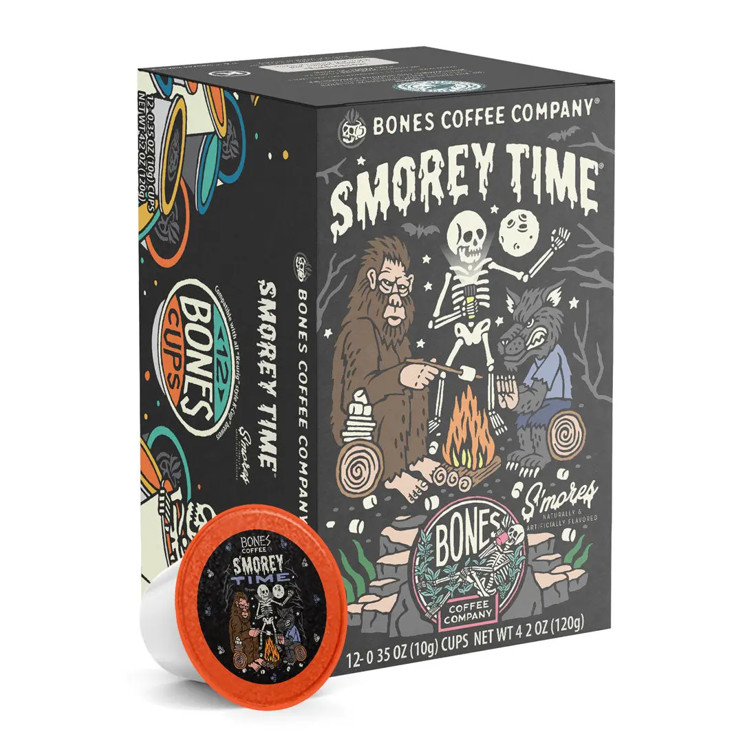 Bones Coffee Company | S'morey Time S'mores Flavored Coffee Pods 12 Count Medium Roast Keurig Compatible