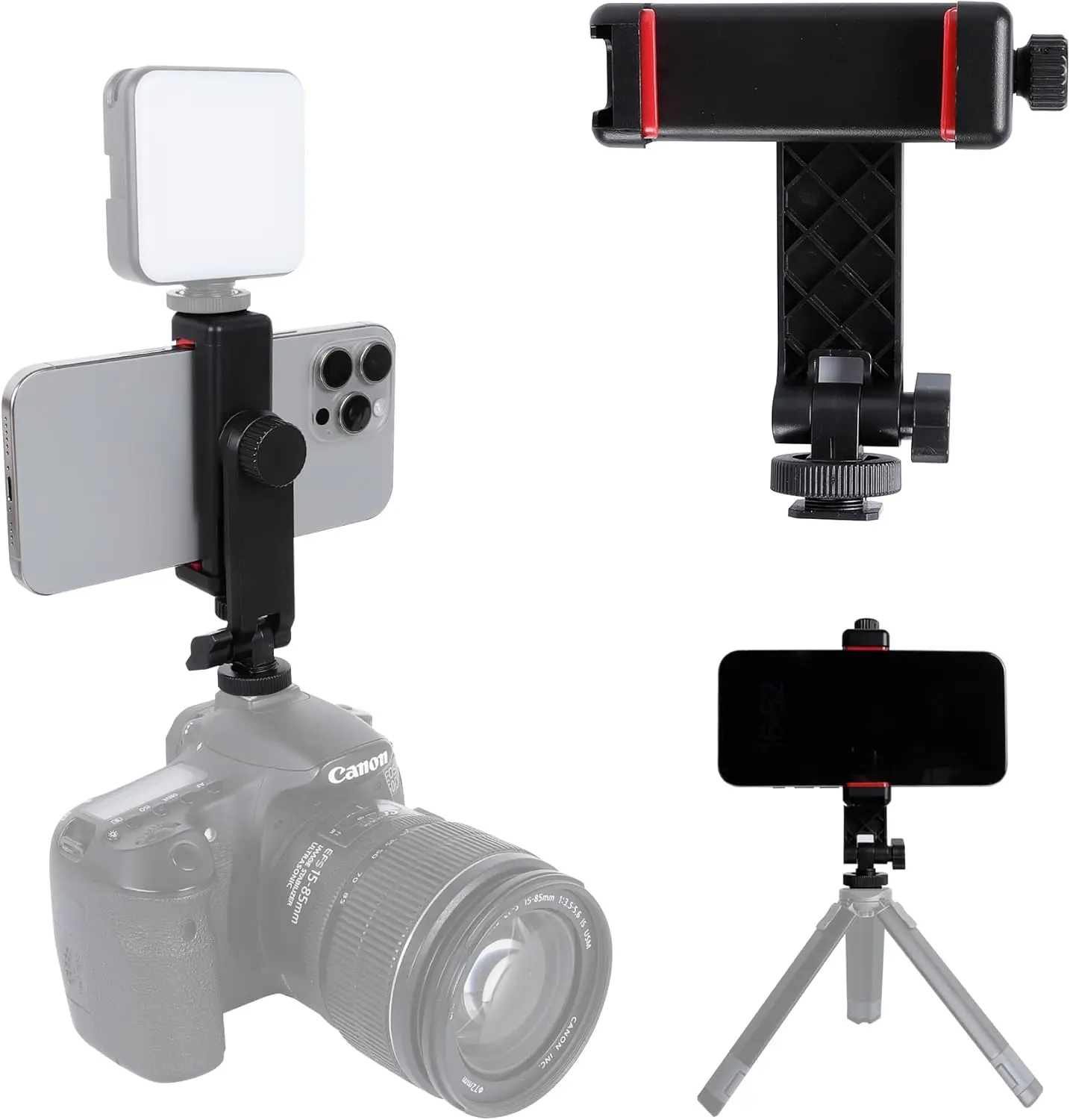 Phone Tripod Mount Adapter, with Cold Shoe&1/4" Hole for Tripod/Selfie Stick/Camera Stand, 360 Rotates Adjustable Phone Clip Clamp Holder for //