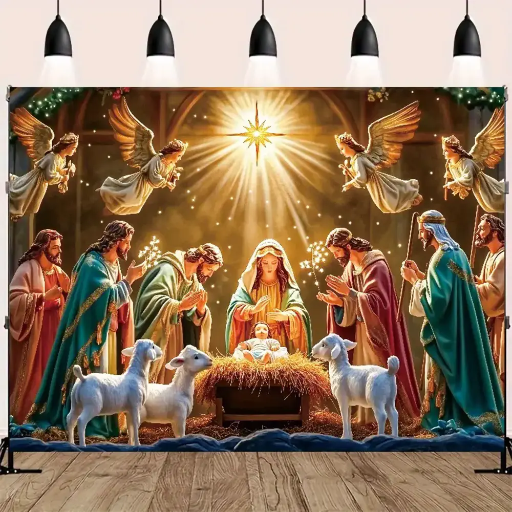 Bright Classic Colorful Starry Night Nativity Scene Tapestry - Religious Manger Wall Decor, Holiday Home Decoration, Christmas Room Gift, Animals