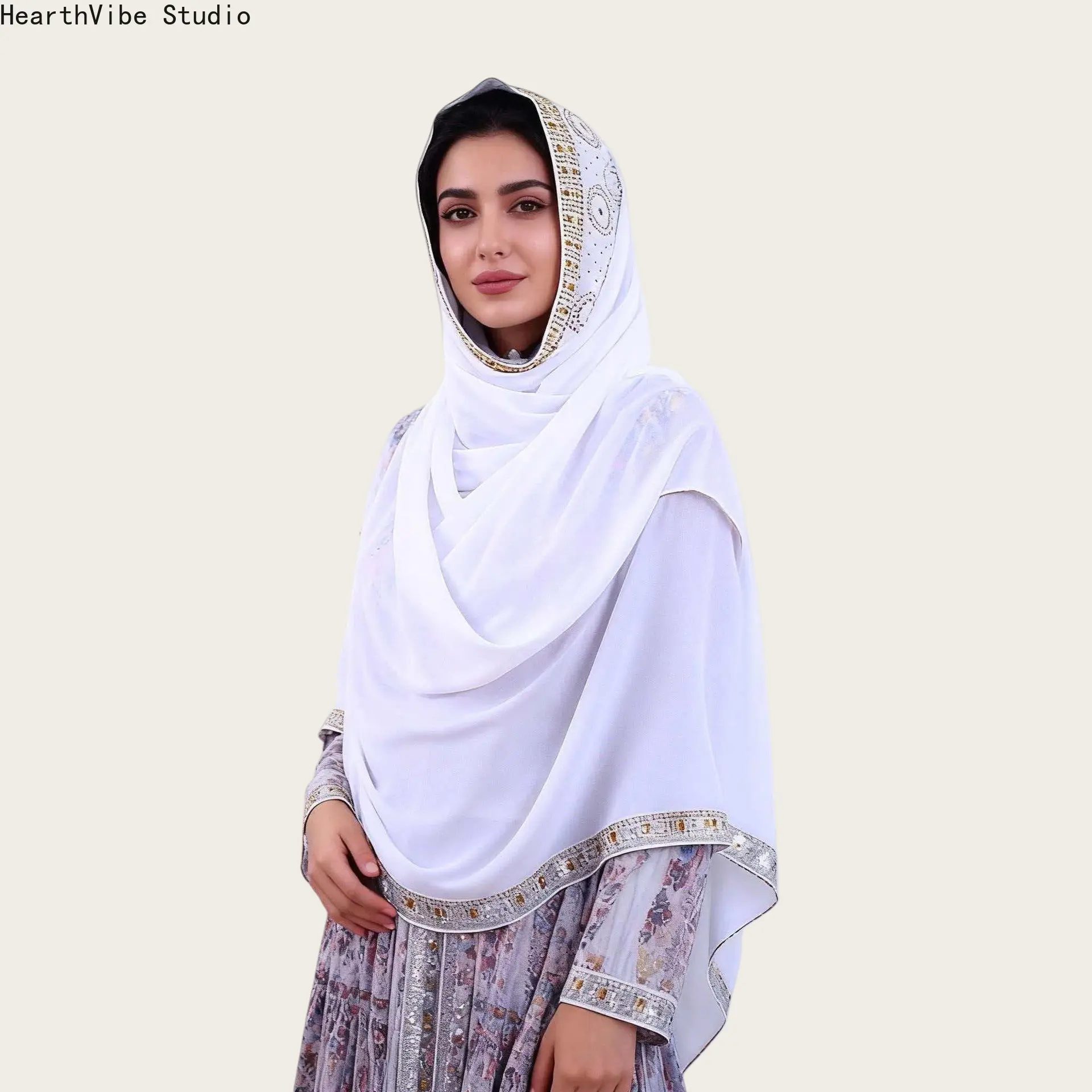 Elegant White Chiffon Hijab with Luxury Gold Embroidery, Lightweight Soft Breathable Headscarf, Modest Muslim Shawl for Eid, Wedding & Special Occasion Wrap