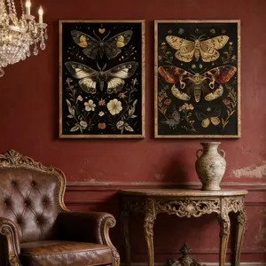 2pcs Frameless Canvas Posters, Gothic Dark Style Plants Flowers Butterflies Moths Print, Mysterious Moody Art Wall Decor, Modern Living Room Bedroom Halloween Home Decoration