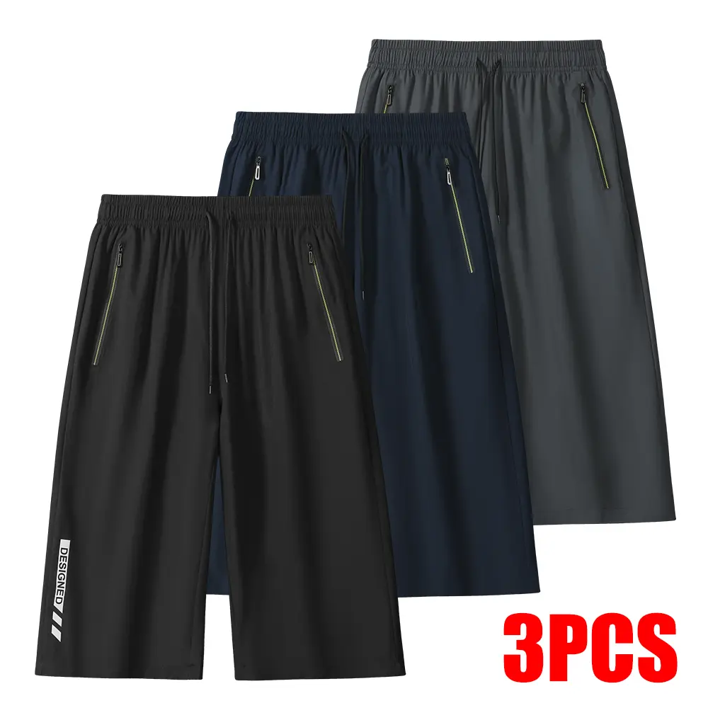 Men's 3 Pack Quick Dry Drawstring Long Shorts, Elastic Waist Lightweight Athletic Capris with Zipper Pockets, Breathable Summer Workout Shorts for Running, Gym & Outdoor
