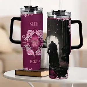 40oz Aesthetic Reusable Pink Sleep Token Band Music Insulated Stainless Steel Water Bottle, Car Cup with Lid & Straw