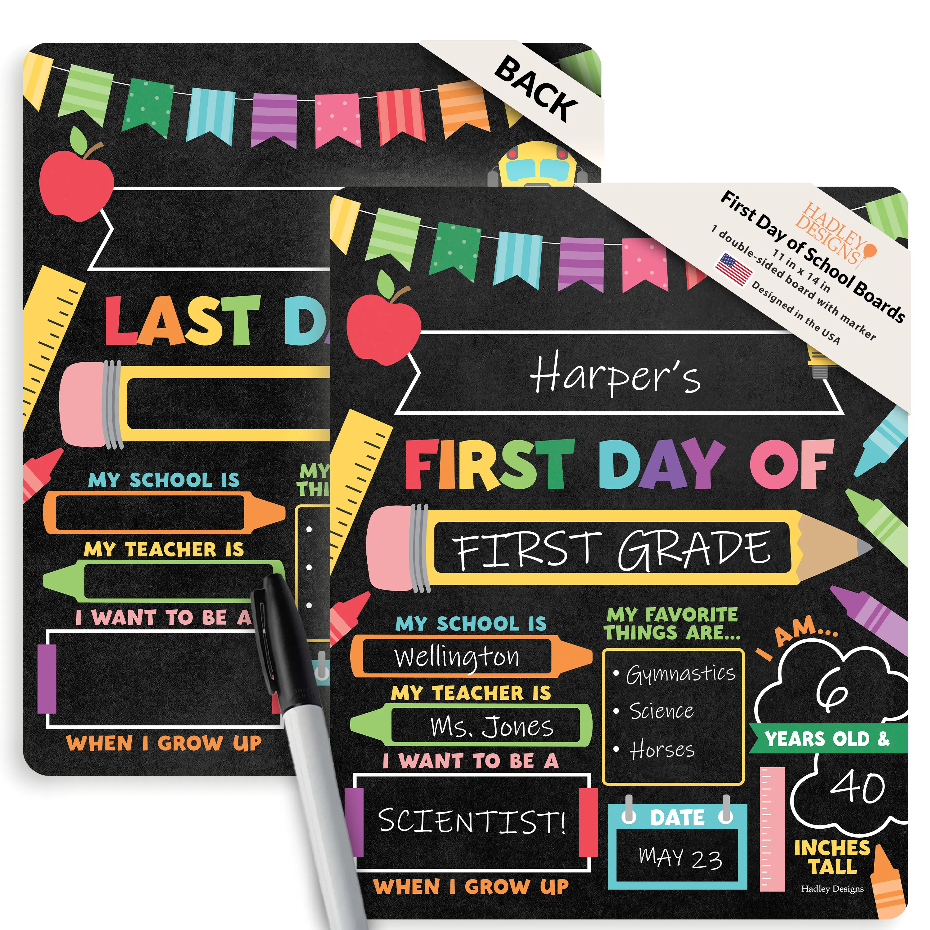 Hadley Designs First Day of School Reversible Dual-Sided Board - 11x14 Chalkboard Sign, Non-Toxic Marker Photo Prop, Easy to Write on & Erase, USA-Made Preschool & Kindergarten Educational Supply for Memories
