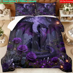 Gothic Dreamy Bedding Set, Dragon & Rose Pattern, Spider Web Design, Includes Quilt and Pillowcases, Perfect for Bedroom Decor