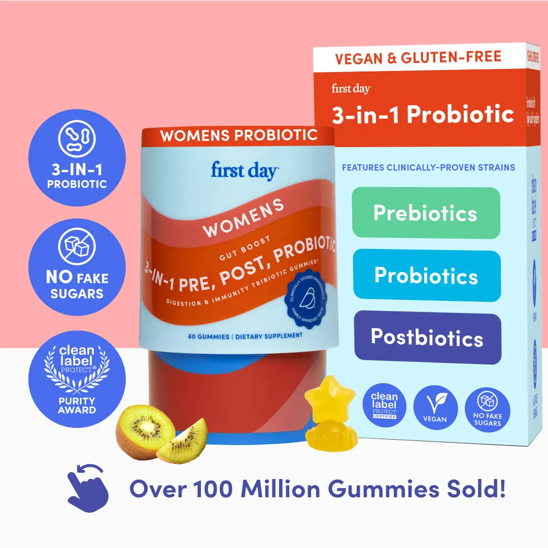 First Day Women's Tribiotic Gummies 18+, Natural Kiwi Flavor — Livaux Prebiotic, IS-2 Probiotic, Immuno-LP20 Postbiotic — Gut Health, Immunity, Vaginal Health, Bloating Relief — 30-Day Supply, Vegan, Non-GMO, No Junk
