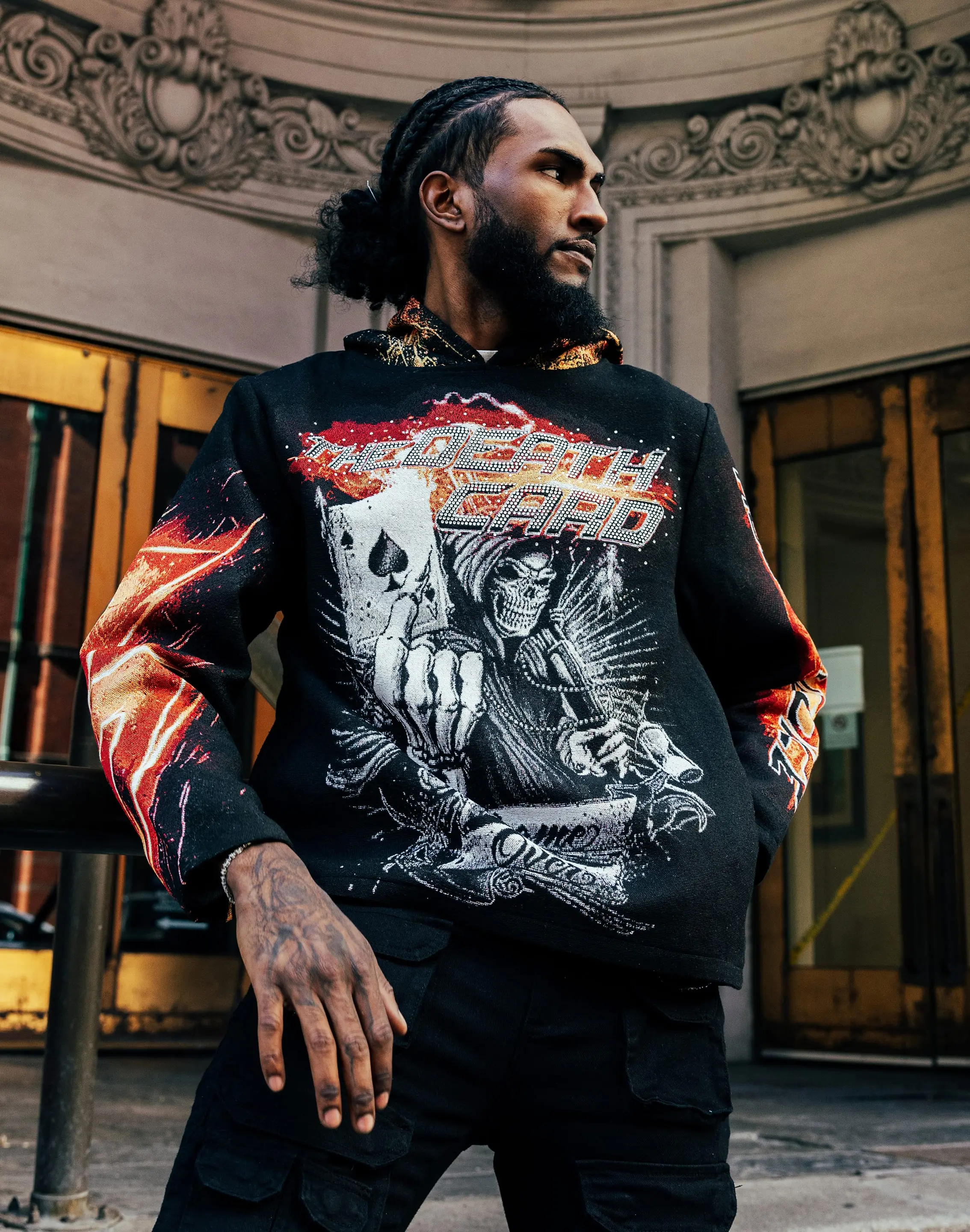 Mens Majestik Death Card Rhinestone Tapestry Hoodie