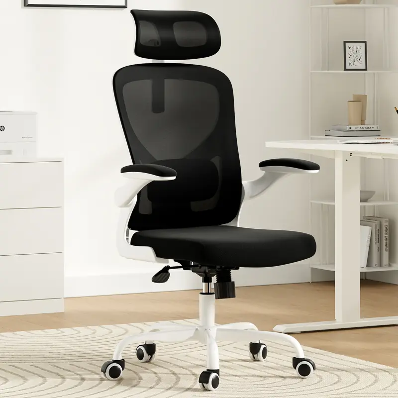 Ergonomic Office Chair, Home Office Desk Chair with Headrest, High Back Computer Chair with Armrests and Adjustable Lumbar Support for Home Office Study Room, White & Black